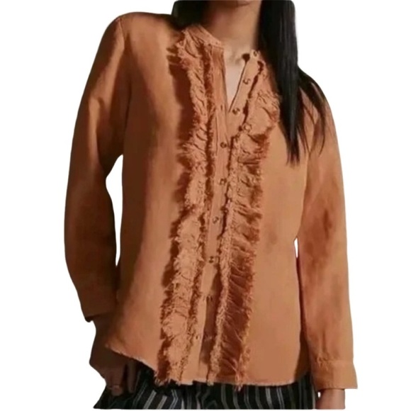 Pilcro Anthropologie Ruffled Placket Button Up Shirt Sz S Linen Blend Top L/S - Picture 1 of 15